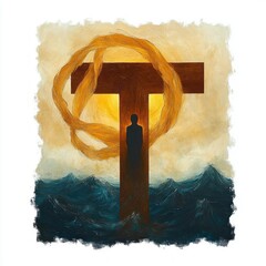 Silhouette of a person standing on a large T-shaped structure surrounded by turbulent waves under a glowing golden sun with a twisted rope forming a circle behind the structure