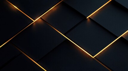 abstract geometric pattern of overlapping black panels with glowing orange lines creating a modern high-tech visual effect