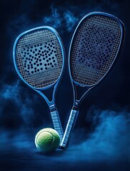 Two black paddle tennis rackets crossed with a yellow tennis ball on a dark smoky background creating a dynamic sports atmosphere