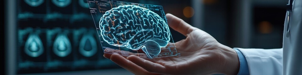Close-up of a person holding a transparent digital display showing a 3D holographic brain scan in a dark medical or scientific environment
