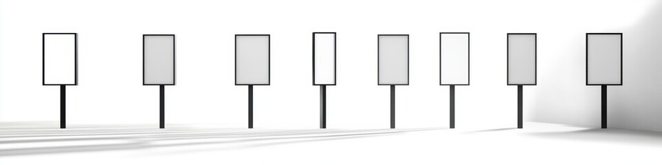 Eight blank rectangular signboards mounted on black poles standing in a bright white space casting shadows on the floor with a minimalistic and clean atmosphere