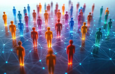 Colorful silhouettes of human figures standing on interconnected glowing nodes representing a digital network and social connection