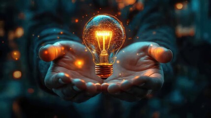Two hands gently holding a glowing light bulb surrounded by a digital network pattern and glowing particles, symbolizing innovation and creativity