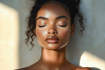 Close-up portrait of a young woman with curly hair and freckles, eyes closed, serene expression illuminated by soft natural light creating shadows on her face