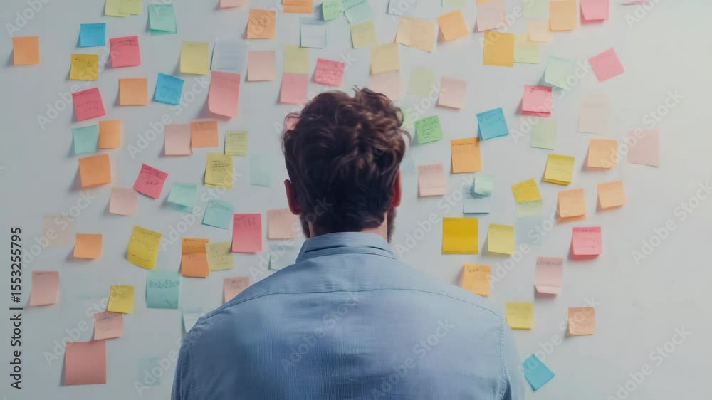 Poster businessman contemplating numerous colorful sticky notes on a white wall, strategizing and planning 