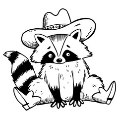 Funny raccoon in cowboy hat and boots, sitting down with a confused expression. Hand-drawn black and white illustration.