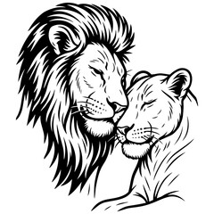 Lion and lioness nuzzling heads, affectionate big-cat couple in black and white line-art illustration