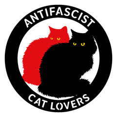 Bold antifascist emblem featuring black and red fluffy cats with yellow eyes inside a circle with "Antifascist Cat Lovers" text