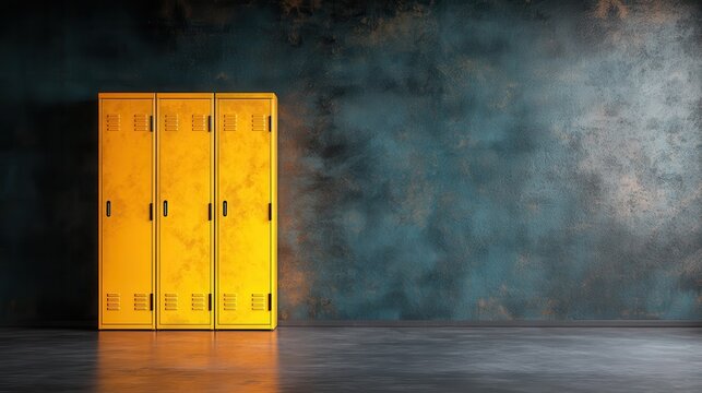 This image features a row of bright yellow lockers against a textured blue wall, conveying a vibrant and youthful space ideal for schools or gyms.