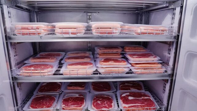 Refrigerator with multiple shelves holding various cuts of prepackaged meat on white padding.