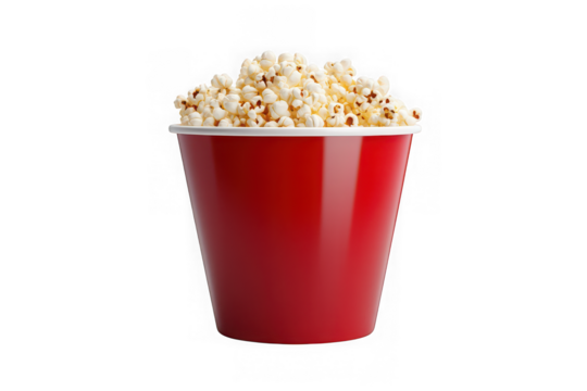 Delicious popcorn in red bucket ready to eat, snack food, movie time treat, cinema food isolated on transparent background