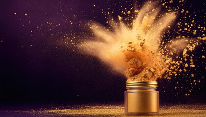 A jar of gold powder is sitting on a table with a lot of gold powder flying out