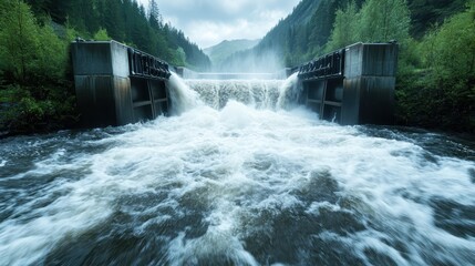 A dramatic view of a waterfall cascading down a rocky dam, surrounded by greenery, representing strength, nature's raw power, and the beauty of flowing water.
