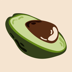 Avocado icon. Ripe green fruit cut in half, sliced piece of avocado with pit, exotic tropical organic vegetarian ingredient, healthy diet nutrition food. Vector avocado illustration