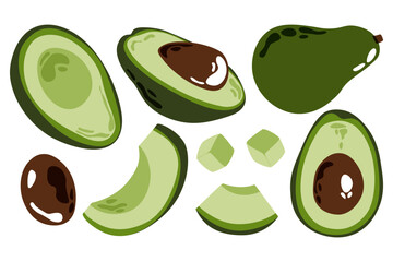 Avocado set. Whole and sliced avocados, ripe green fruit cartoon style, organic tropical food with seed stone and without, healthy diet nutrition concept. Vector avocado collection