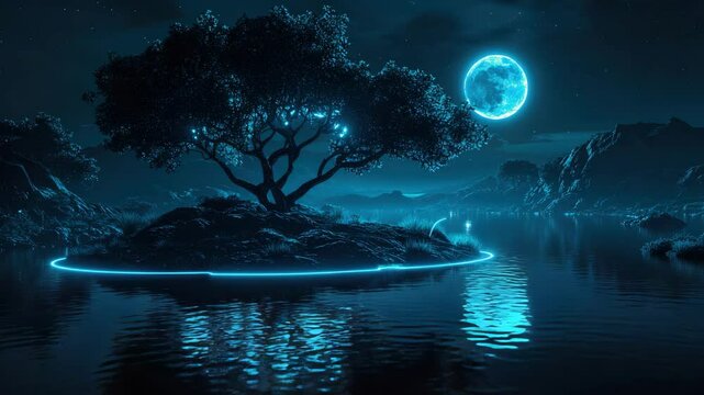 Peaceful evening on a tropical island under the glow of a full moon.