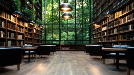 This expansive library, adorned with large windows and rich wooden bookcases, invites knowledge seekers to immerse themselves in a serene and visually stunning learning environment.