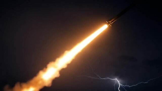 Rocket launch against dramatic night sky with lightning