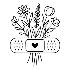 Floral bouquet growing from cute band-aid with heart, black and white minimal vector line art symbolizing healing and tenderness

