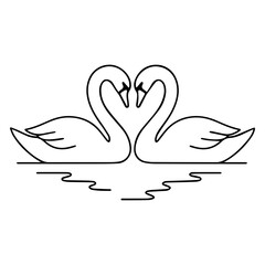 Minimalist line art of two swans forming a heart with their necks, elegant black and white drawing on water