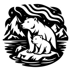 Polar bear and cub standing on ice floe under northern lights, surrounded by mountains and arctic night sky in bold black and white style