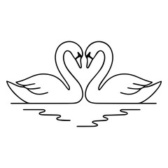 Minimalist line art of two swans forming a heart with their necks, elegant black and white drawing on water
