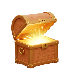3D Render of Radiant Wooden Treasure Chest Opened with Sparkling Golden Light Inside, Isolated on White or Transparent Background