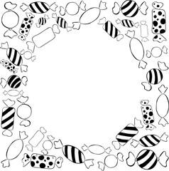 Candy shop lollipops colorful sweets black and white Frame circle round template. Vector graphic line ink illustration. For poster, flyer, banner, invitation, social media, party or sale