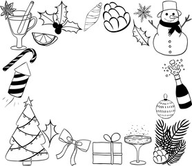 Happy Holidays Winter Holiday black and white oval in rectangle Frame template. Vector graphic line ink illustration. Christmas wreath. New Year For poster, flyer, banner, invitation, social media