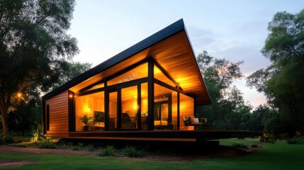 Fototapeta premium This image showcases a contemporary wooden house with large glass windows and warm lighting, surrounded by lush greenery, embodying modern minimalism and comfort.