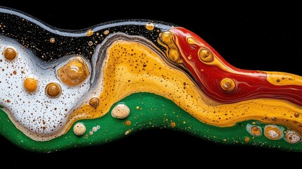 Abstract Fluid Art with Flowing Waves and Shimmering Gold Speckles on Black Background