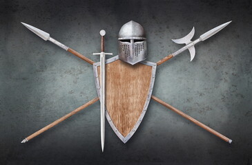 helmet shield sword and two crossed lances on grunge background
