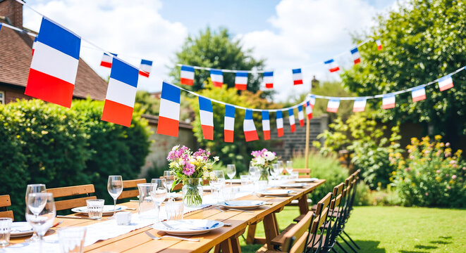 Long table set for a garden party under french flag bunting. Outdoor celebration for Bastille Day, a national holiday, or a large family gathering