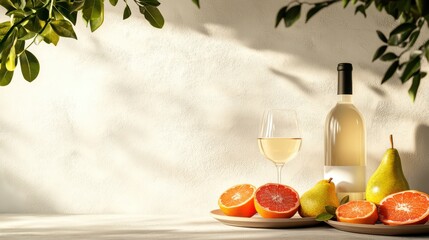 A bottle of white wine complements a glass beside sliced citrus fruits and pears, set against a softly lit background, creating a fresh and inviting atmosphere.