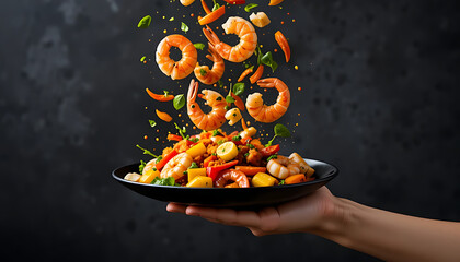photo of a person's hands holding a plate of assorted fresh orange peppers and sliced red peppers falling or floating in the air, vibrant colors, detailed, professional lighting, 4K and HD image