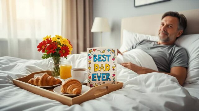 Happy father receiving a surprise breakfast in bed for Father's Day. Tray with croissants, coffee, and a Best Dad Ever card as a loving family gesture.

