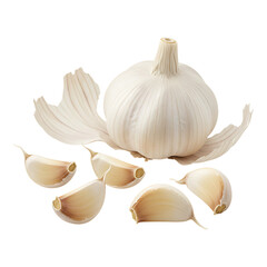 Single garlic bulb with rough root end and dried skin, isolated on white background for rustic food visuals