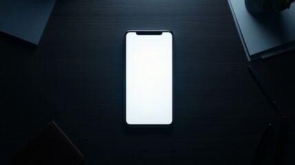 Smartphone with bright screen on dark wooden desk at night scene