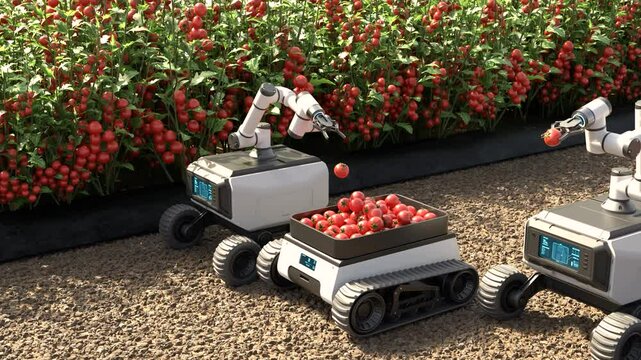 A robot is picking tomatoes in a tomato garden, Smart agriculture farming concept.