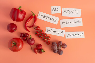 Red fruits and vegetables and corresponding inscriptions on white paper close-up red background on top