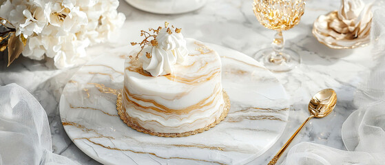 Mini cake with white icing, gold swirls, and delicate toppings, exuding luxury on a marble surface. Mockup for wedding ads, gourmet promotions, or elegant event decor.