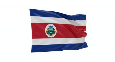 Costa Rica's vibrant flag billows proudly, showcasing its national emblem against a crisp white backdrop.