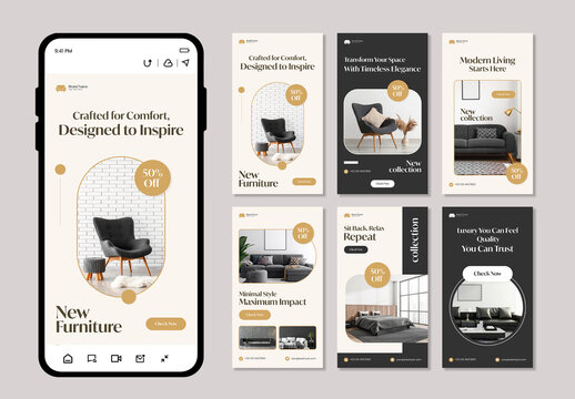 Modern Interior Furniture Social Media Design In Dark Theme
