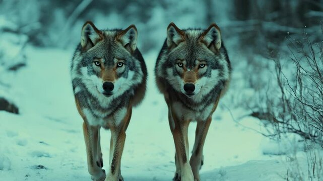 Two wolves in snowy forest, walking together.
