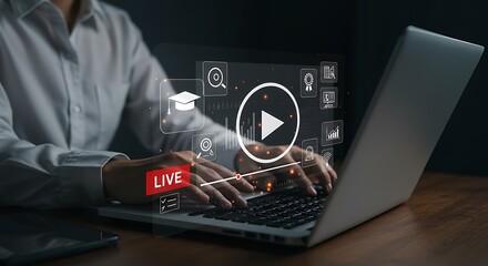 Person using laptop with online education and live streaming interface overlay