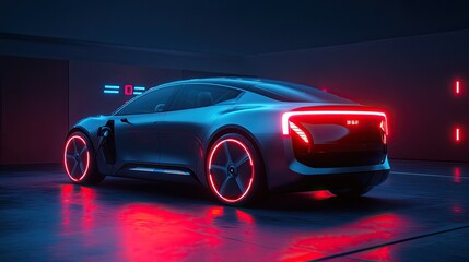 Electric car unveiling at night, futuristic, sleek design, green technology, ideal for eco-friendly transportation and innovation marketing.