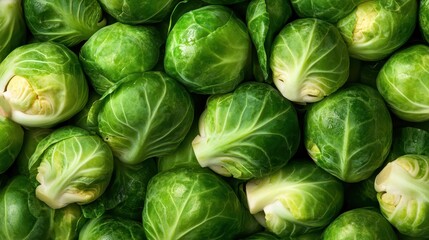 Fototapeta premium A vibrant close-up image of fresh green Brussels sprouts, emphasizing their natural beauty and nutritional benefits, ideal for healthy cooking and vegetarian diets.