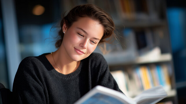 Young woman in wheelchair reading braille book in library