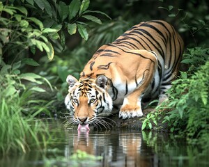 Obraz premium A tiger drinking water from a pond surrounded by green foliage in a natural habitat setting scene
