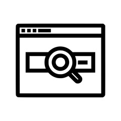 A simple black and white icon depicting a web browser and magnifying glass.